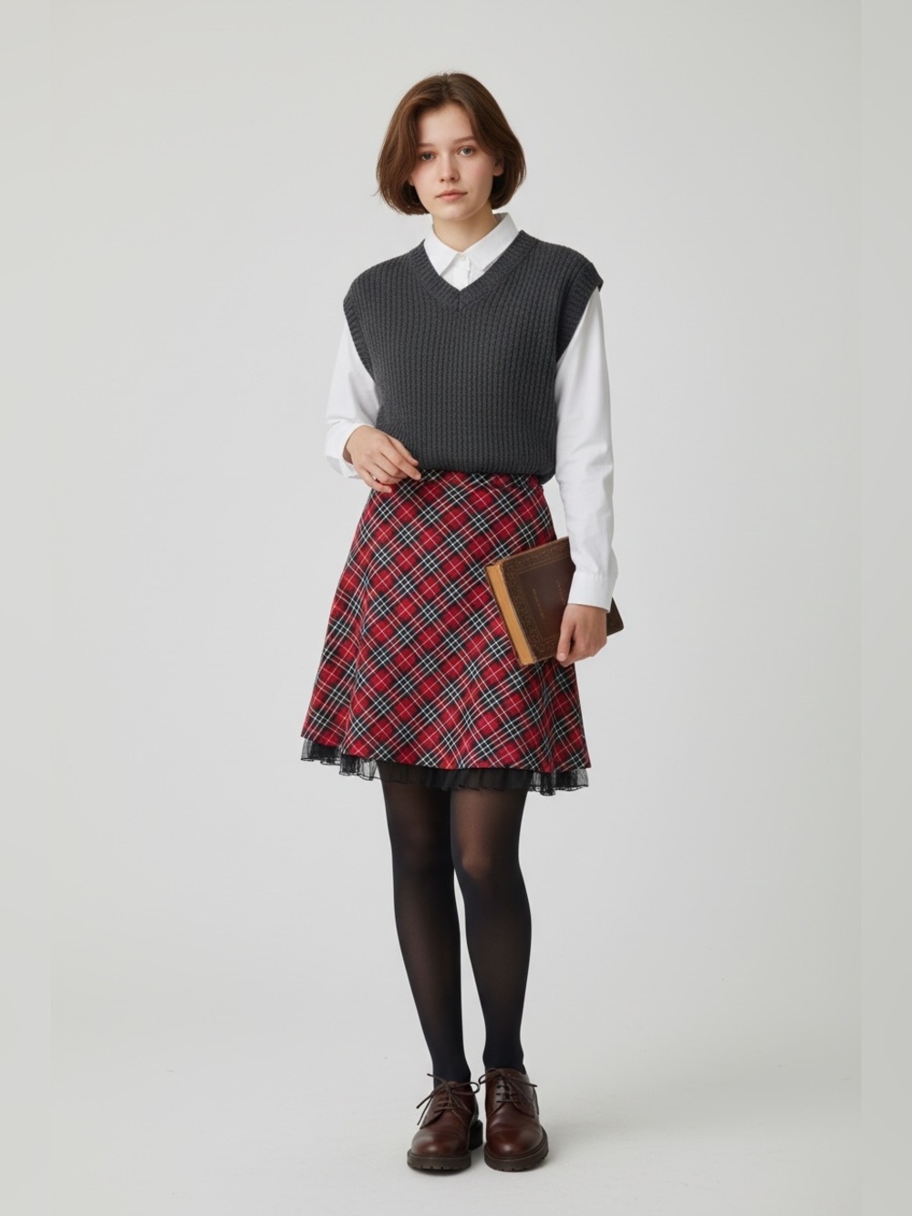 Red Tartan Plaid Skirt Dark Academia Tulle Bottom